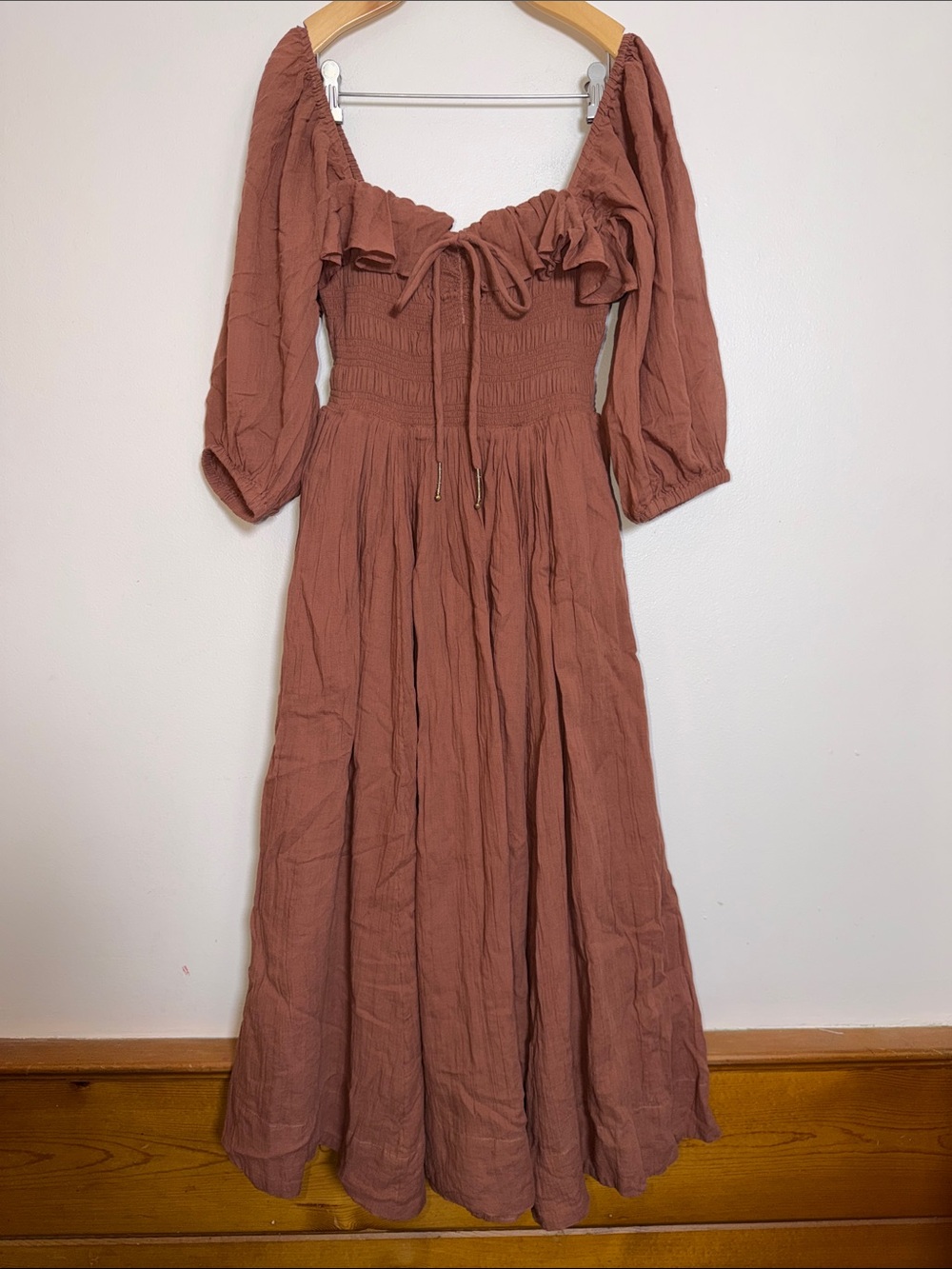 NWT Free People Oasis Midi Dress Honey Topaz Brown Smocked Cotton Size S - Picture 2 of 7
